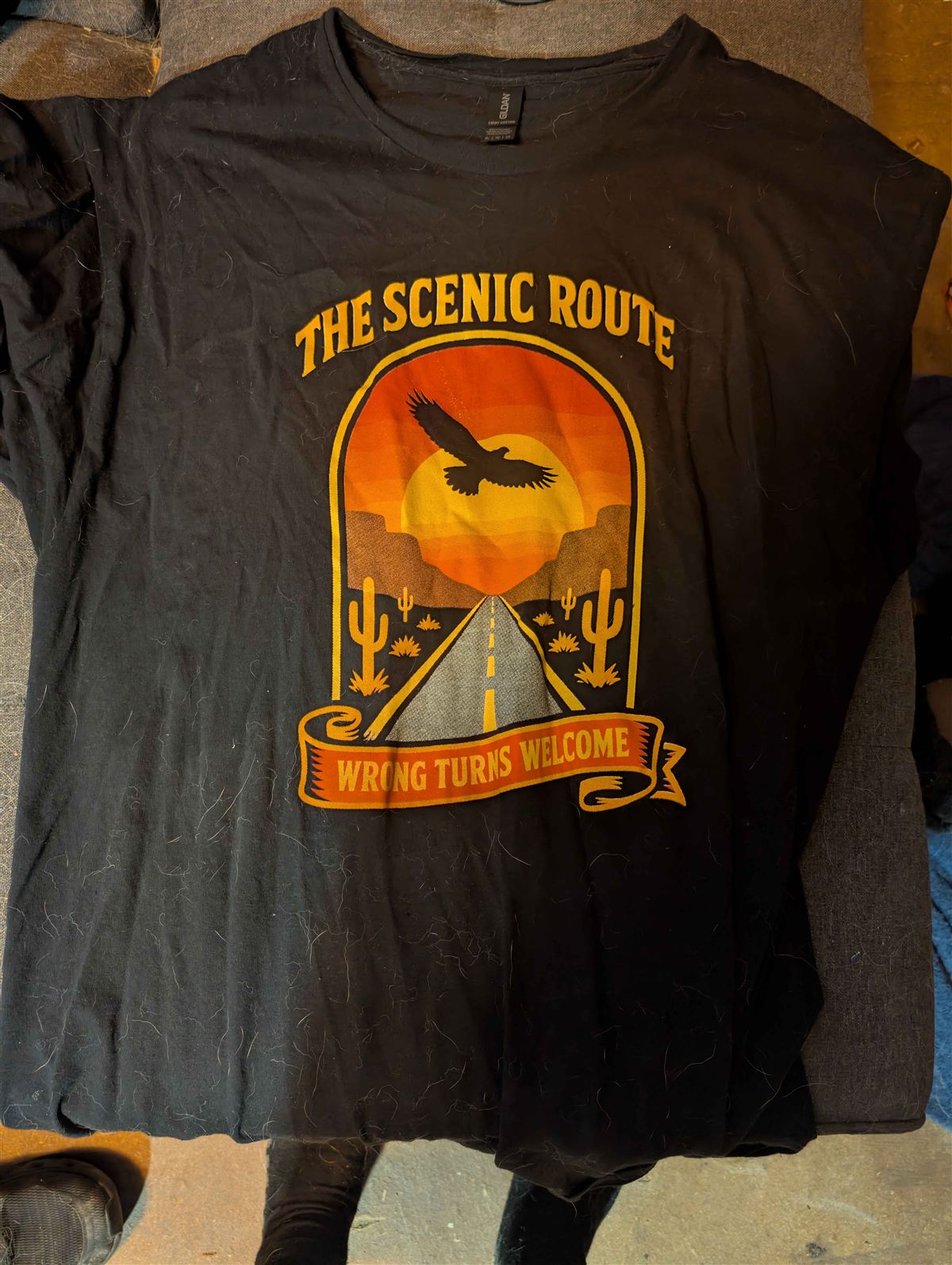 The Scenic Route — Wrong Turns Welcome screen print on black tee